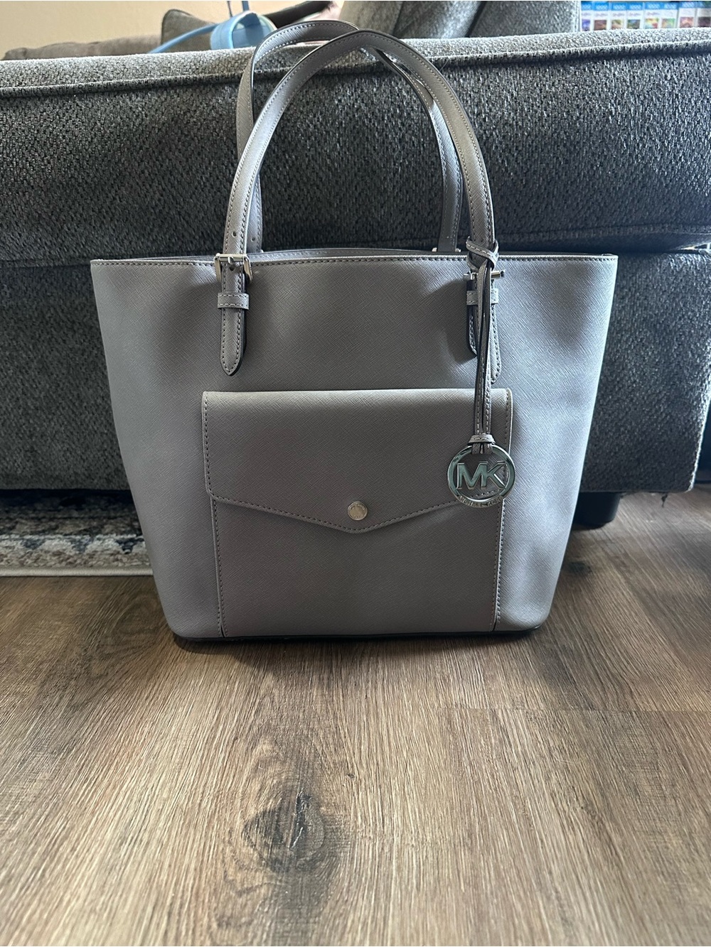 Michael Kors Gray Saffiano Tote with Front Pocket and MK Charm